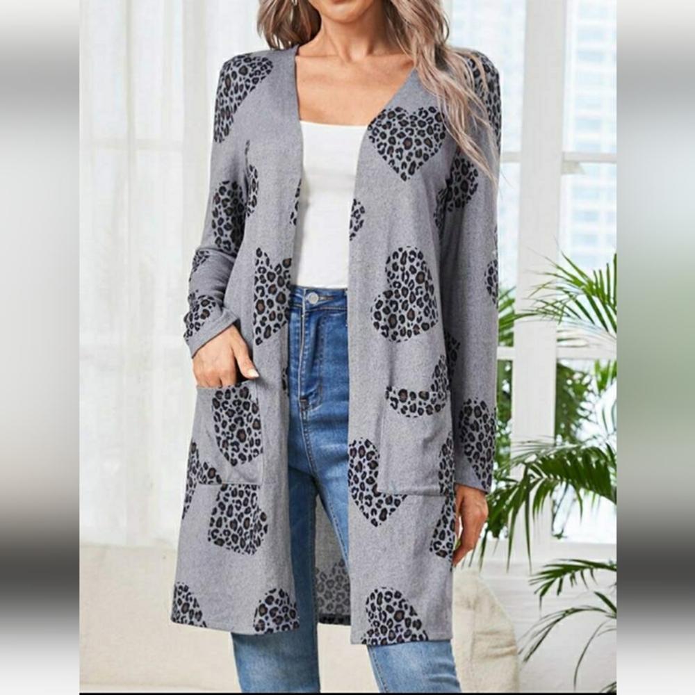 SHEIN Gray Leopard Print Cardigan